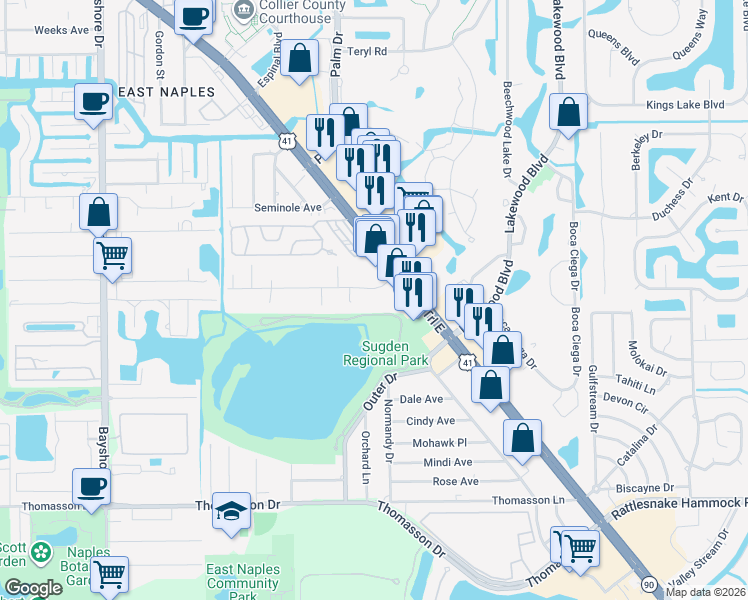 map of restaurants, bars, coffee shops, grocery stores, and more near 4284 Avalon Drive in Naples