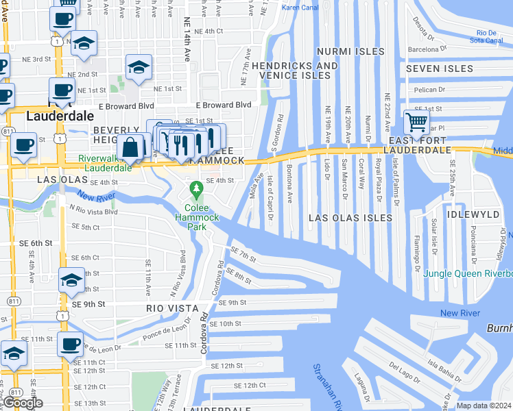 map of restaurants, bars, coffee shops, grocery stores, and more near 505 Mola Avenue in Fort Lauderdale