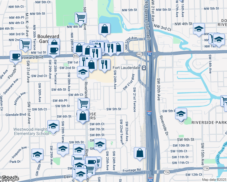 map of restaurants, bars, coffee shops, grocery stores, and more near 404 Southwest 24th Avenue in Fort Lauderdale