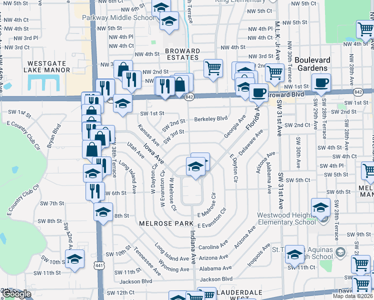 map of restaurants, bars, coffee shops, grocery stores, and more near 426 West Evanston Circle in Fort Lauderdale