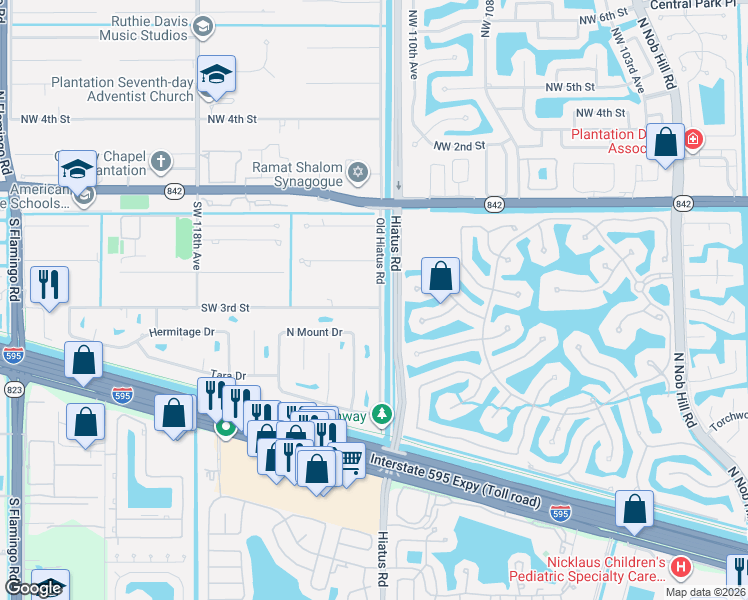 map of restaurants, bars, coffee shops, grocery stores, and more near 11200 Southwest 3rd Street in Plantation