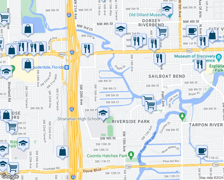 map of restaurants, bars, coffee shops, grocery stores, and more near 1617 Southwest 5th Street in Fort Lauderdale
