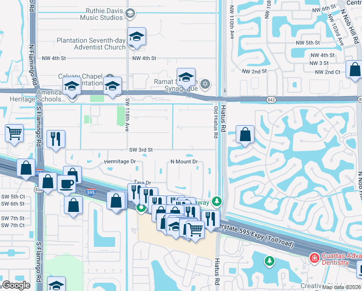map of restaurants, bars, coffee shops, grocery stores, and more near 11440 Southwest 3rd Street in Plantation