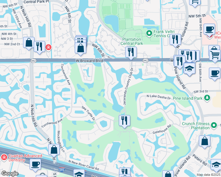 map of restaurants, bars, coffee shops, grocery stores, and more near 224 Wimbledon Lakes Drive in Plantation