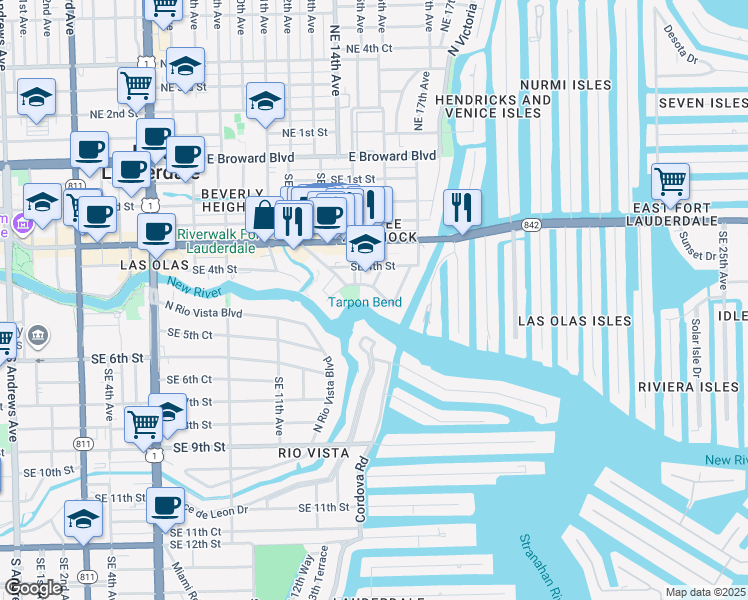 map of restaurants, bars, coffee shops, grocery stores, and more near 1700 Brickell Drive in Fort Lauderdale