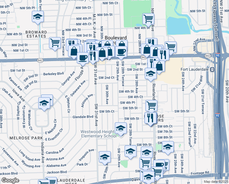 map of restaurants, bars, coffee shops, grocery stores, and more near 411 Southwest 29th Terrace in Fort Lauderdale