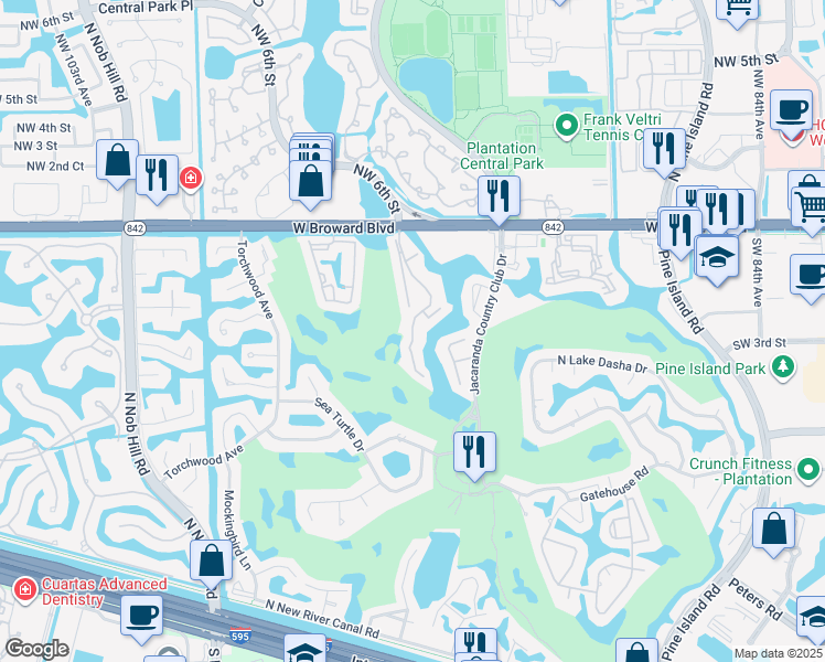 map of restaurants, bars, coffee shops, grocery stores, and more near 224 Wimbledon Lakes Drive in Plantation
