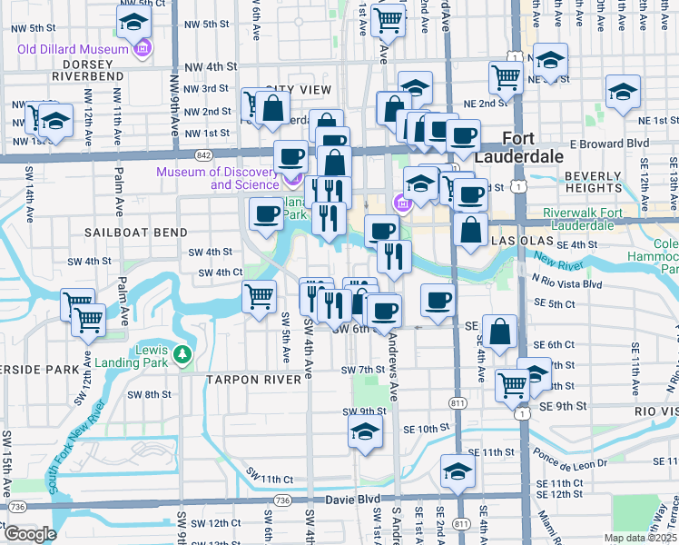 map of restaurants, bars, coffee shops, grocery stores, and more near 420 Southwest 3rd Avenue in Fort Lauderdale