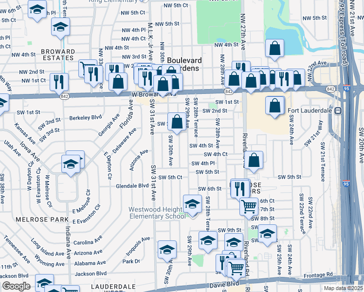 map of restaurants, bars, coffee shops, grocery stores, and more near 411 Southwest 29th Terrace in Fort Lauderdale