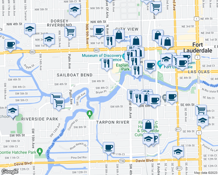 map of restaurants, bars, coffee shops, grocery stores, and more near 799 Bryan Place in Fort Lauderdale