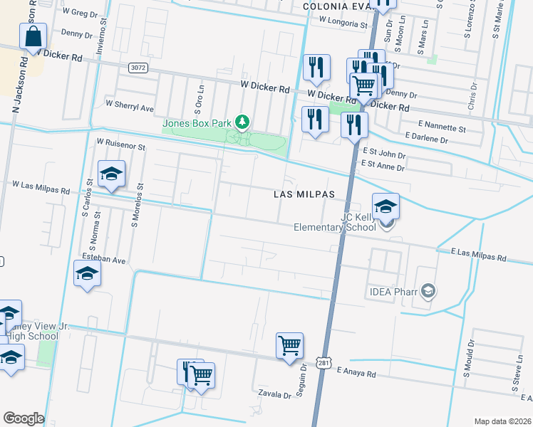 map of restaurants, bars, coffee shops, grocery stores, and more near 309 West Las Milpas Road in Pharr