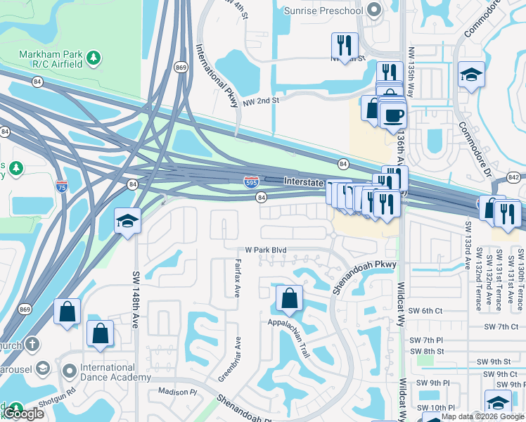 map of restaurants, bars, coffee shops, grocery stores, and more near 14163 North Cypress Cove Circle in Davie
