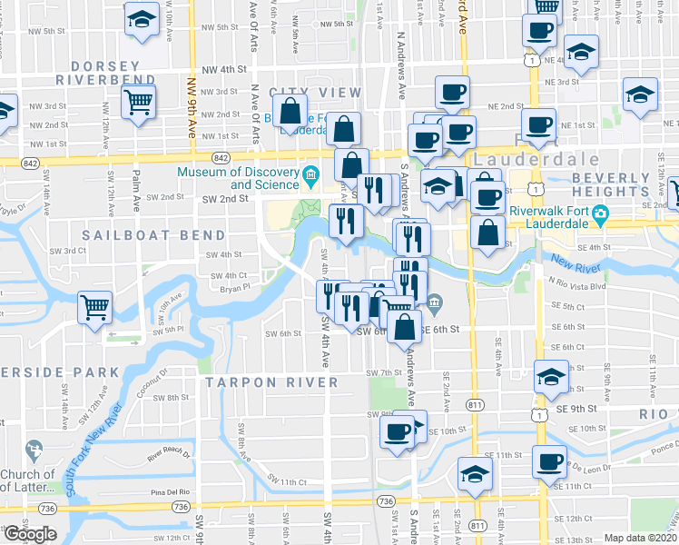 map of restaurants, bars, coffee shops, grocery stores, and more near 451 Southwest 3rd Avenue in Fort Lauderdale