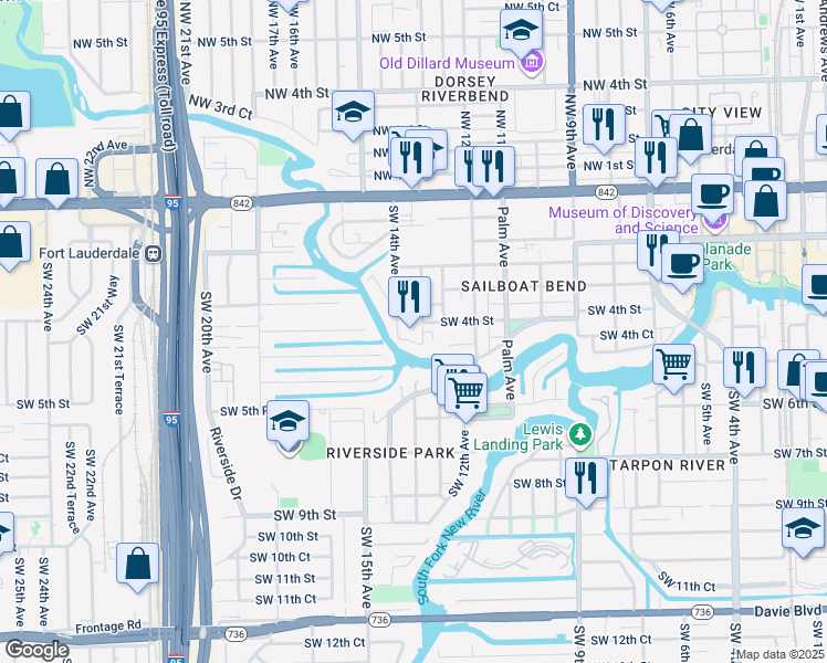 map of restaurants, bars, coffee shops, grocery stores, and more near 1344 Southwest 4th Court in Fort Lauderdale