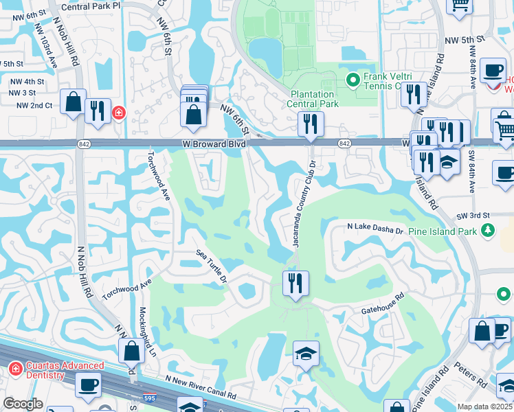 map of restaurants, bars, coffee shops, grocery stores, and more near 224 Wimbledon Lakes Drive in Plantation