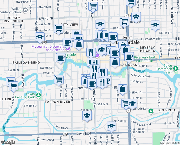 map of restaurants, bars, coffee shops, grocery stores, and more near 400 Southwest 1st Avenue in Fort Lauderdale