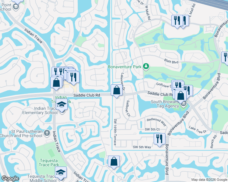 map of restaurants, bars, coffee shops, grocery stores, and more near 17800 Saddle Club Road in Fort Lauderdale