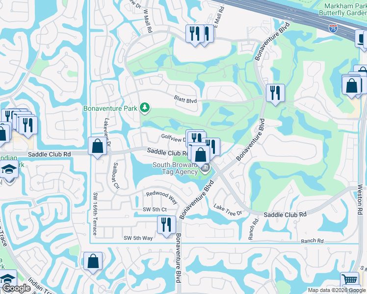 map of restaurants, bars, coffee shops, grocery stores, and more near 16686 Golfview Drive in Weston