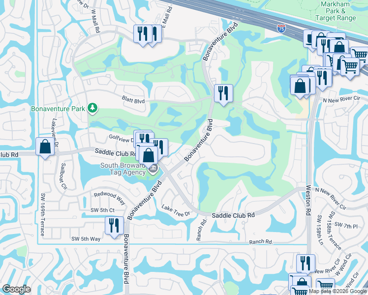 map of restaurants, bars, coffee shops, grocery stores, and more near 301 Bonaventure Boulevard in Weston