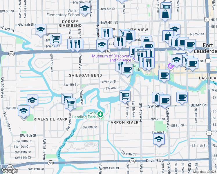 map of restaurants, bars, coffee shops, grocery stores, and more near 815 Southwest 4th Street in Fort Lauderdale