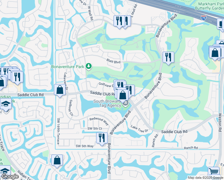 map of restaurants, bars, coffee shops, grocery stores, and more near 16686 Golfview Drive in Weston