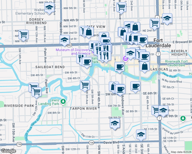 map of restaurants, bars, coffee shops, grocery stores, and more near 12 Southwest 5th Avenue in Fort Lauderdale
