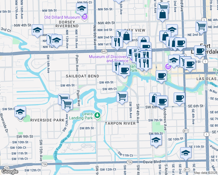 map of restaurants, bars, coffee shops, grocery stores, and more near 723 Southwest 4th Street in Fort Lauderdale