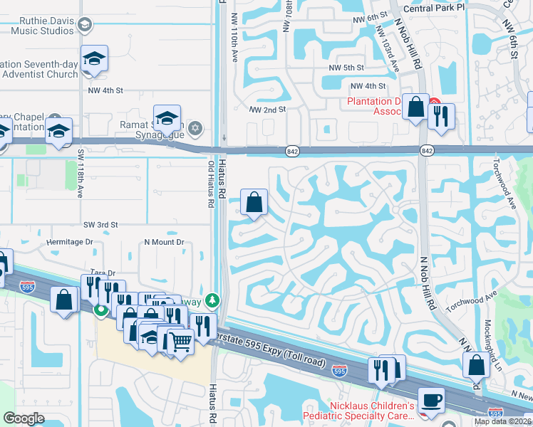 map of restaurants, bars, coffee shops, grocery stores, and more near 10996 Blackhawk Street in Plantation