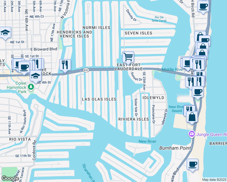map of restaurants, bars, coffee shops, grocery stores, and more near 410 Isle of Palms Drive in Fort Lauderdale
