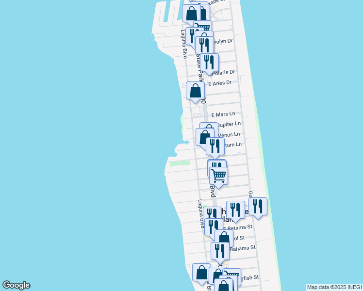 map of restaurants, bars, coffee shops, grocery stores, and more near 210 West Saturn Lane in South Padre Island