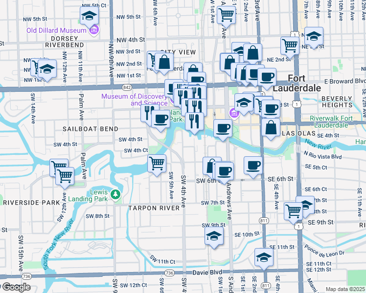 map of restaurants, bars, coffee shops, grocery stores, and more near 12 Southwest 5th Avenue in Fort Lauderdale