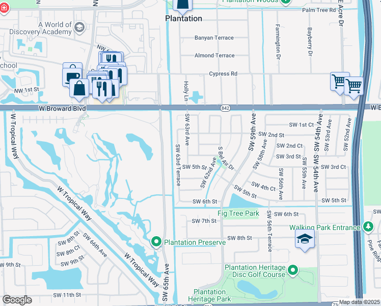 map of restaurants, bars, coffee shops, grocery stores, and more near 251 Southwest 62nd Terrace in Plantation