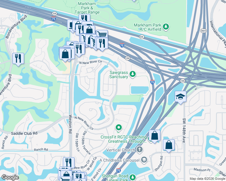 map of restaurants, bars, coffee shops, grocery stores, and more near 234 East Riverbend Drive in Sunrise