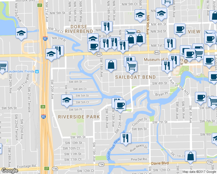 map of restaurants, bars, coffee shops, grocery stores, and more near 1348 Southwest 3rd Court in Fort Lauderdale