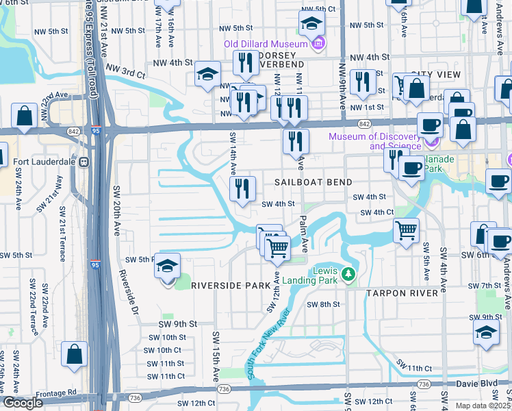 map of restaurants, bars, coffee shops, grocery stores, and more near 1242 West Las Olas Boulevard in Fort Lauderdale