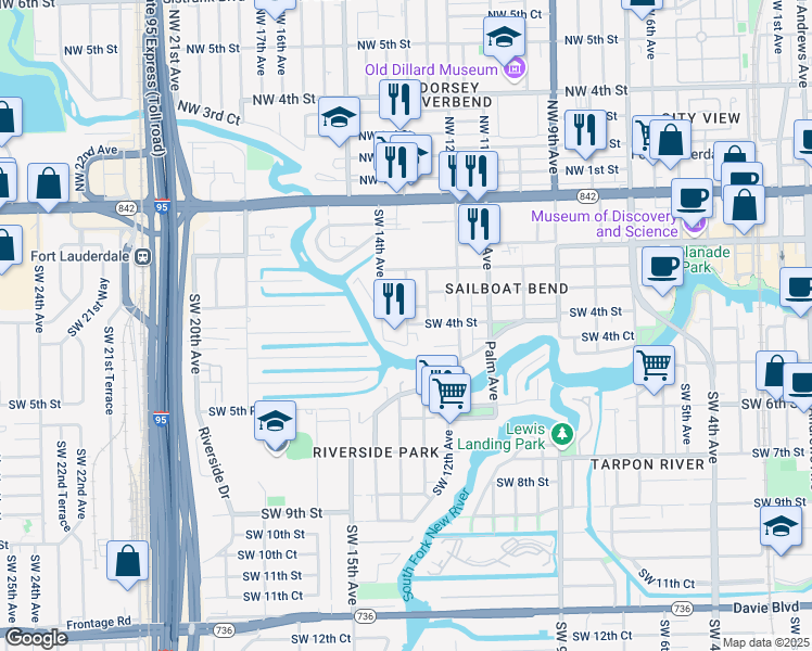 map of restaurants, bars, coffee shops, grocery stores, and more near 1348 Southwest 3rd Court in Fort Lauderdale
