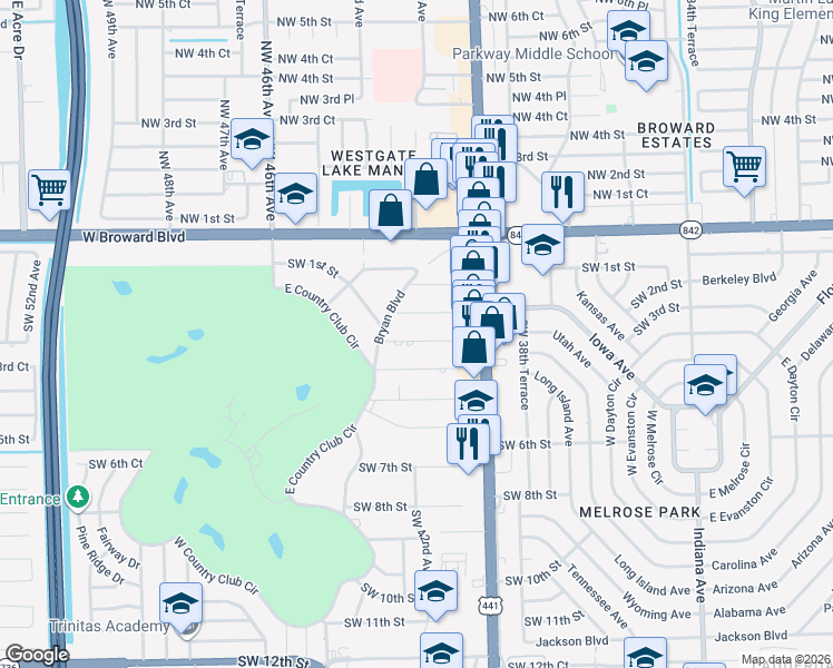 map of restaurants, bars, coffee shops, grocery stores, and more near 4100 Southwest 2nd Street in Plantation