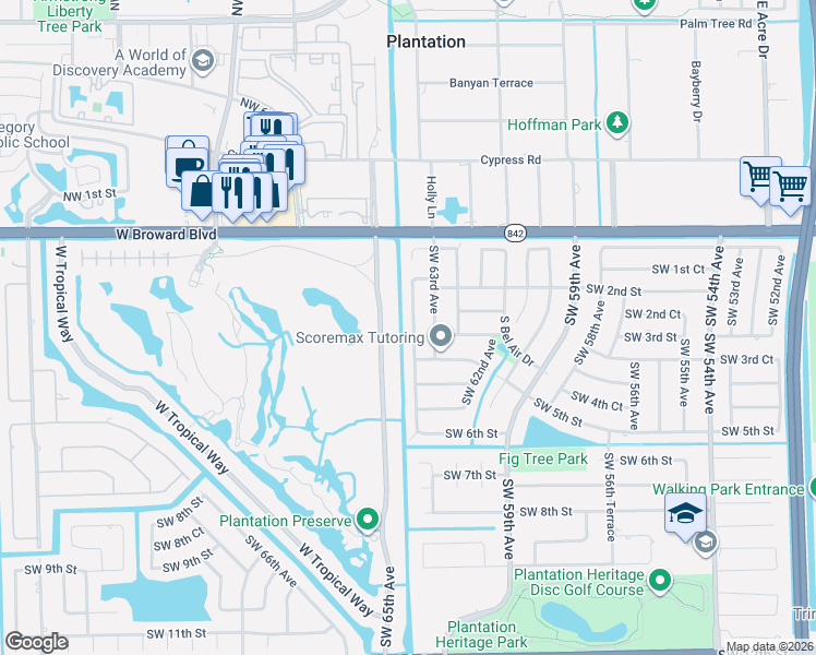 map of restaurants, bars, coffee shops, grocery stores, and more near 302 Southwest 63rd Terrace in Plantation