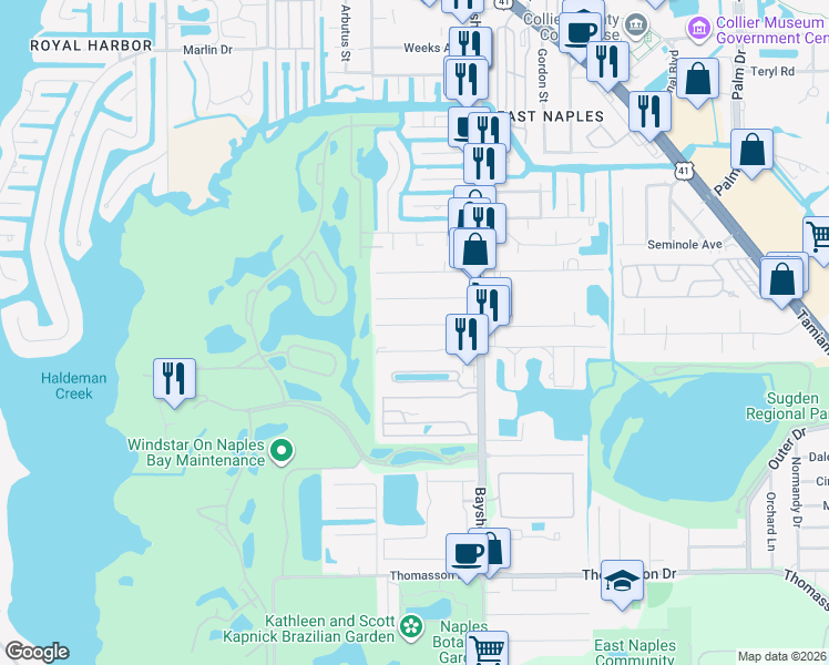 map of restaurants, bars, coffee shops, grocery stores, and more near 2721 Van Buren Avenue in Naples