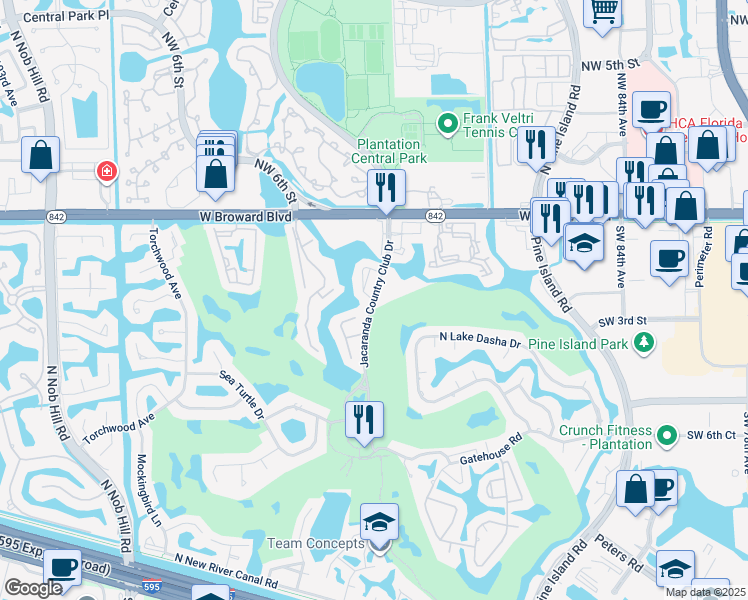 map of restaurants, bars, coffee shops, grocery stores, and more near 250 Jacaranda Country Club Drive in Plantation