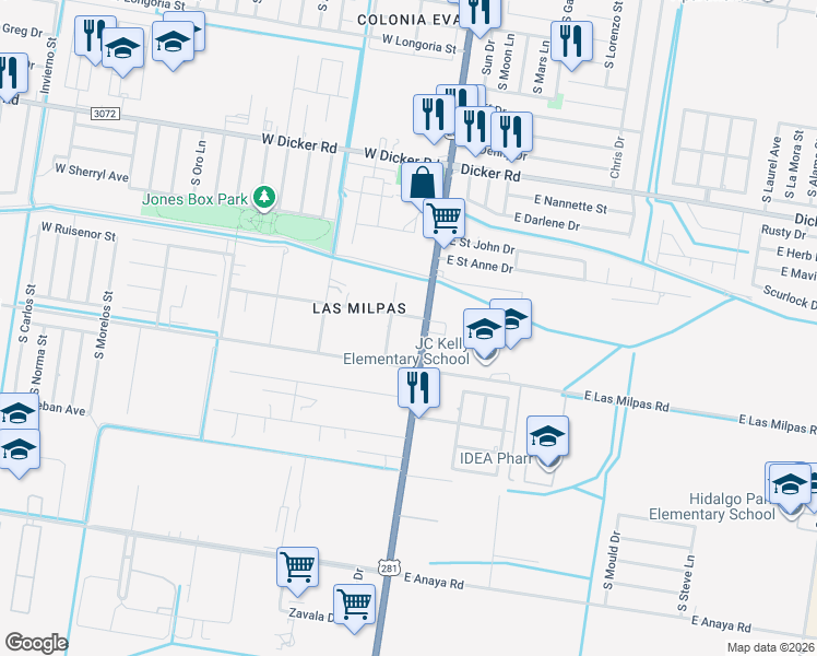 map of restaurants, bars, coffee shops, grocery stores, and more near 108 West Ruisenor Avenue in Pharr