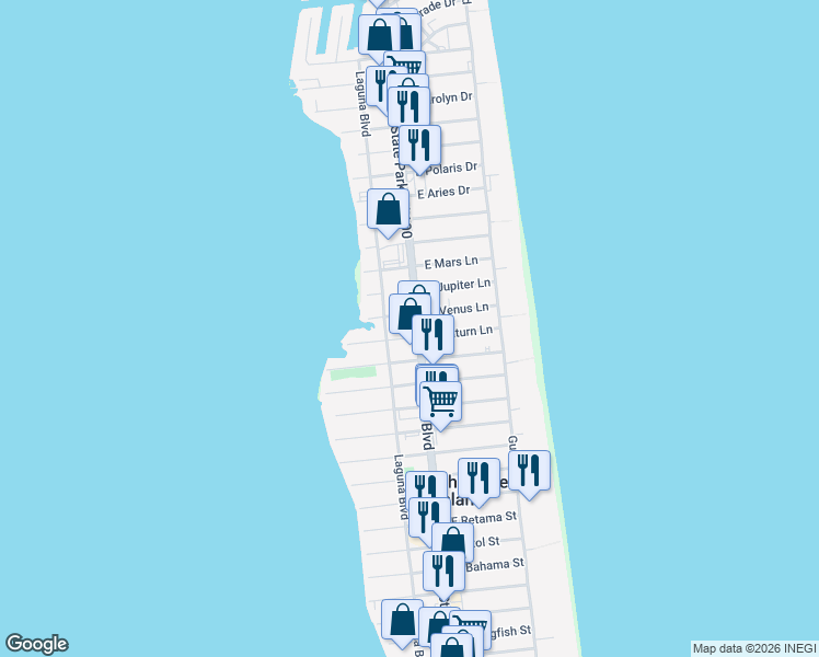 map of restaurants, bars, coffee shops, grocery stores, and more near 109 East Venus Lane in South Padre Island