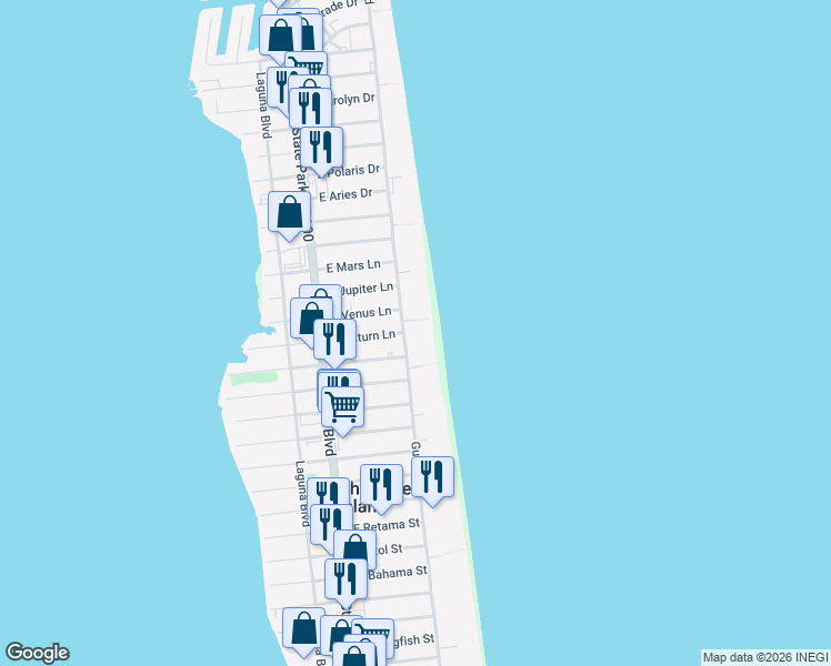 map of restaurants, bars, coffee shops, grocery stores, and more near 4400 Gulf Boulevard in South Padre Island