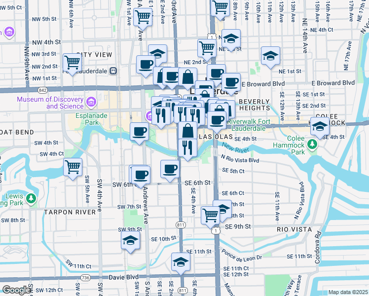 map of restaurants, bars, coffee shops, grocery stores, and more near 200 North New River Drive East in Fort Lauderdale