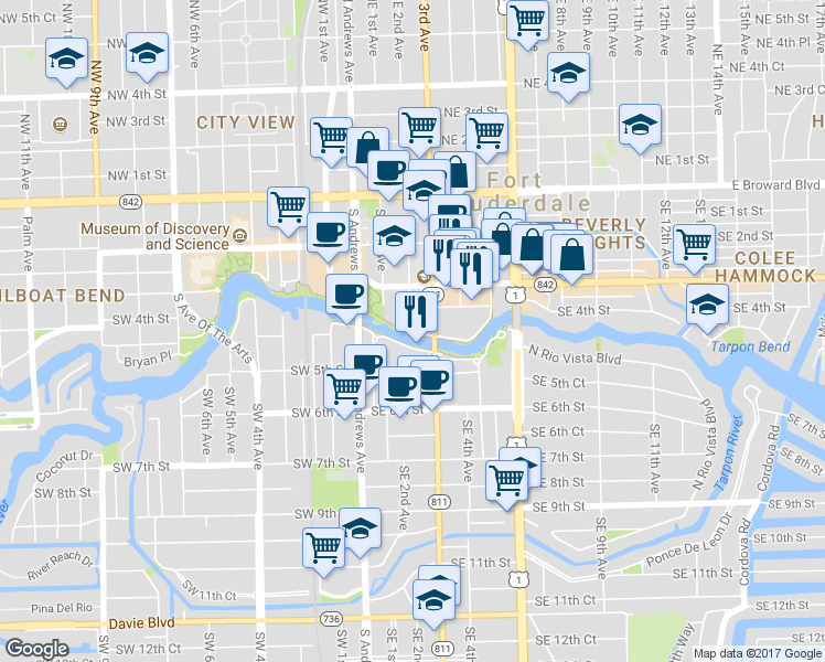 map of restaurants, bars, coffee shops, grocery stores, and more near 20 North New River Drive East in Fort Lauderdale