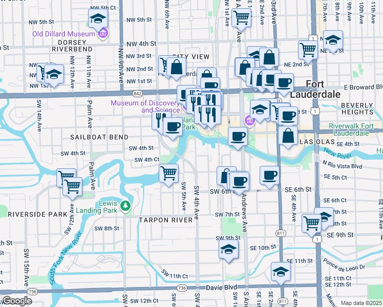 map of restaurants, bars, coffee shops, grocery stores, and more near 425 Southwest 4th Avenue in Fort Lauderdale