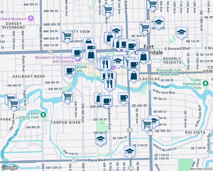 map of restaurants, bars, coffee shops, grocery stores, and more near 400 Southwest 1st Avenue in Fort Lauderdale