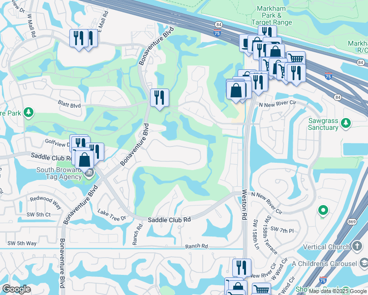 map of restaurants, bars, coffee shops, grocery stores, and more near 16251 Golf Club Road in Weston