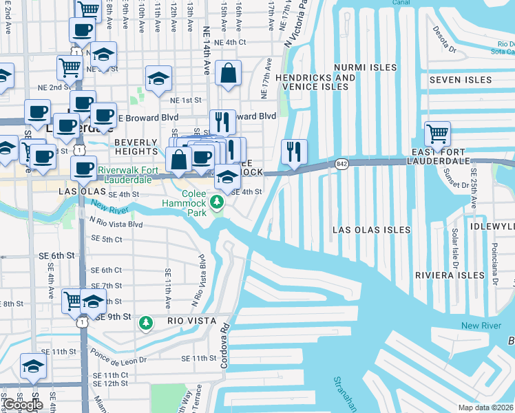 map of restaurants, bars, coffee shops, grocery stores, and more near 1700 Southeast 4th Street in Fort Lauderdale