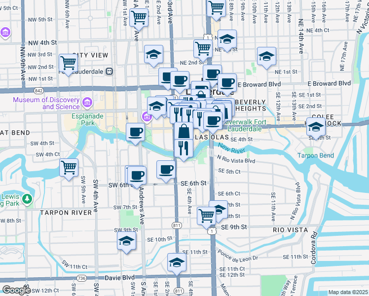 map of restaurants, bars, coffee shops, grocery stores, and more near 411 South New River Drive East in Fort Lauderdale